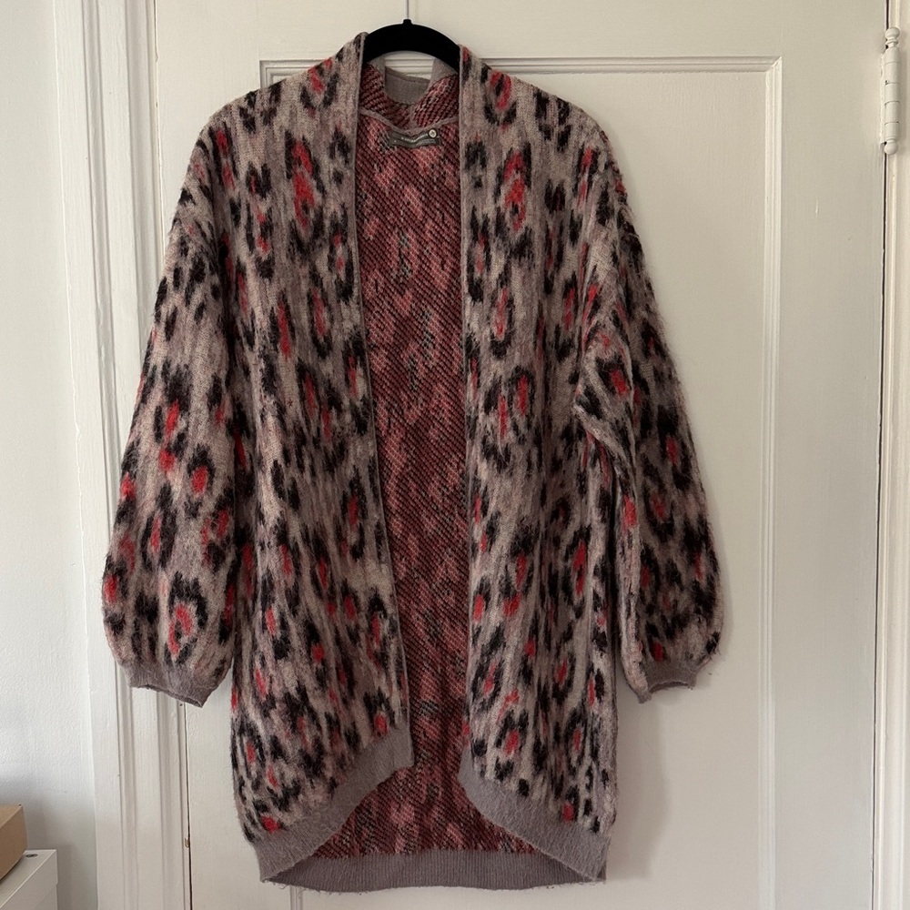 Anthropologie Open-Front Leopard Print Cardigan in Pink and Red Accents